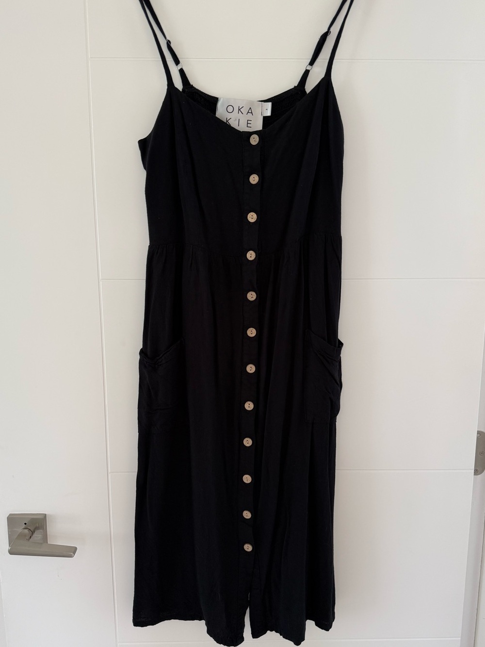 Okakie Button Front Black Midi Sun Dress, size medium.